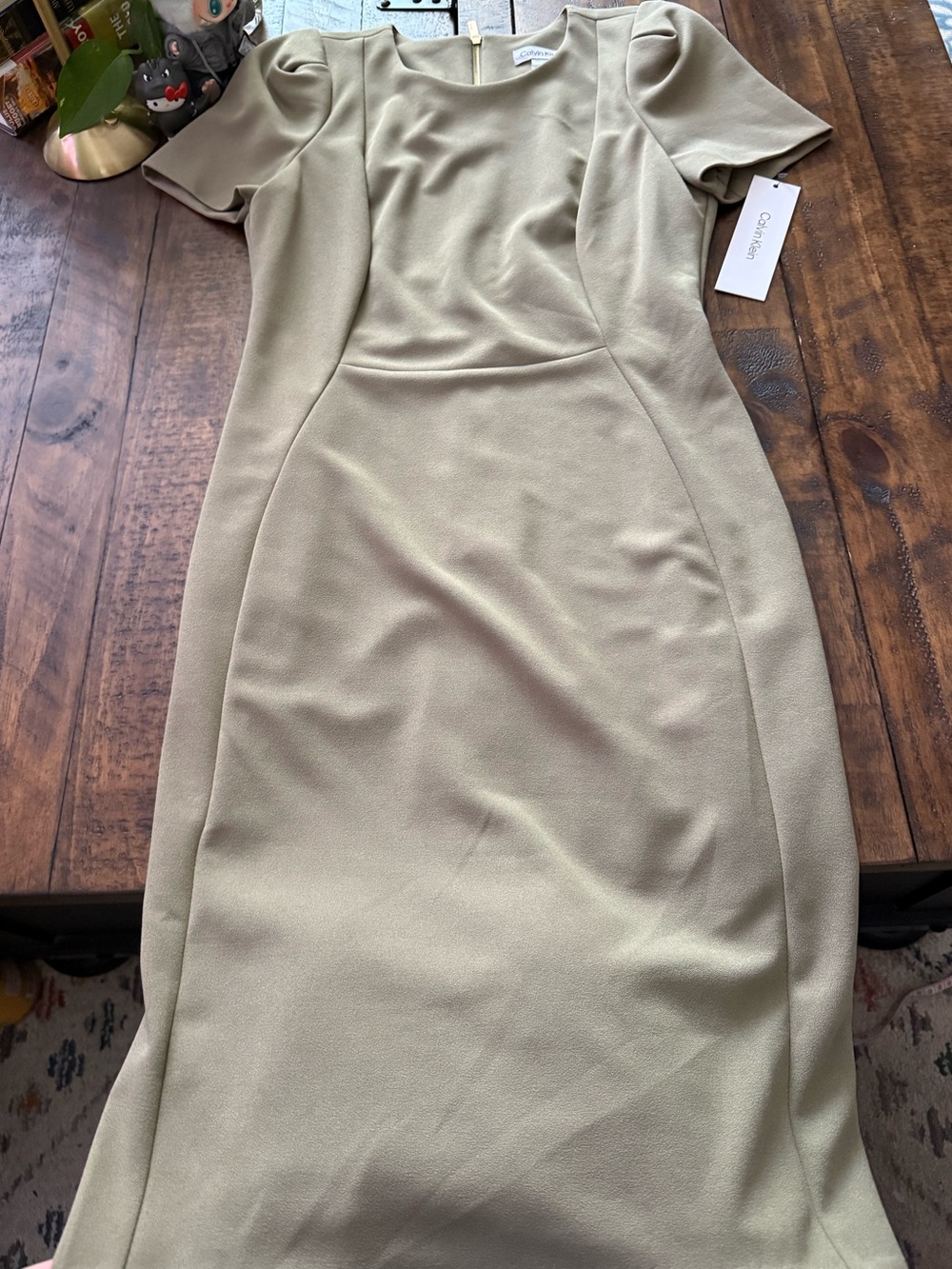 NWT Sz 6 Calvin Klein Olive-Tone Midi Sheath Dress Classic